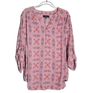 Fred David Womens 3X Pink Floral Tunic Blouse Roll Tab Sleeve V Neck